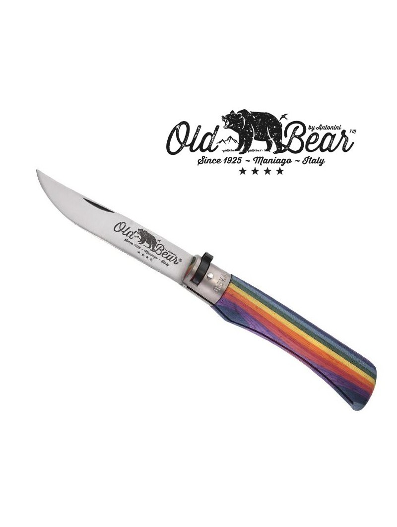 Couteau OLD BEAR L Rainbow - Virole laiton nickelé - Bois d'ayous stratifié Arc-en-Ciel