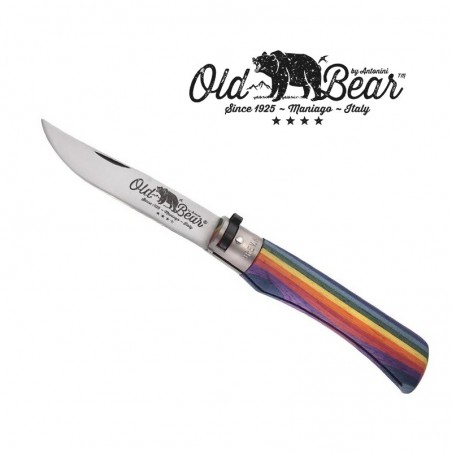 Couteau OLD BEAR L Rainbow - Virole laiton nickelé - Bois d'ayous stratifié Arc-en-Ciel